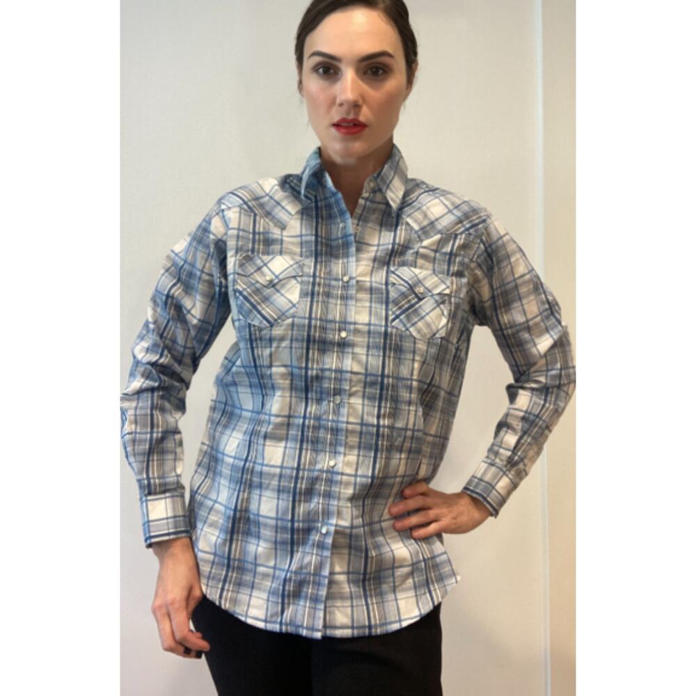 Wrangler Blue Plaid Pearl Snap Western Cotton Long Sleeve Shirt Rodeo ~ Sz L